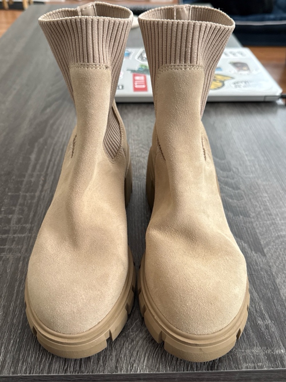 Steve Madden Tan Suede Stretch Chelsea Lug Booties